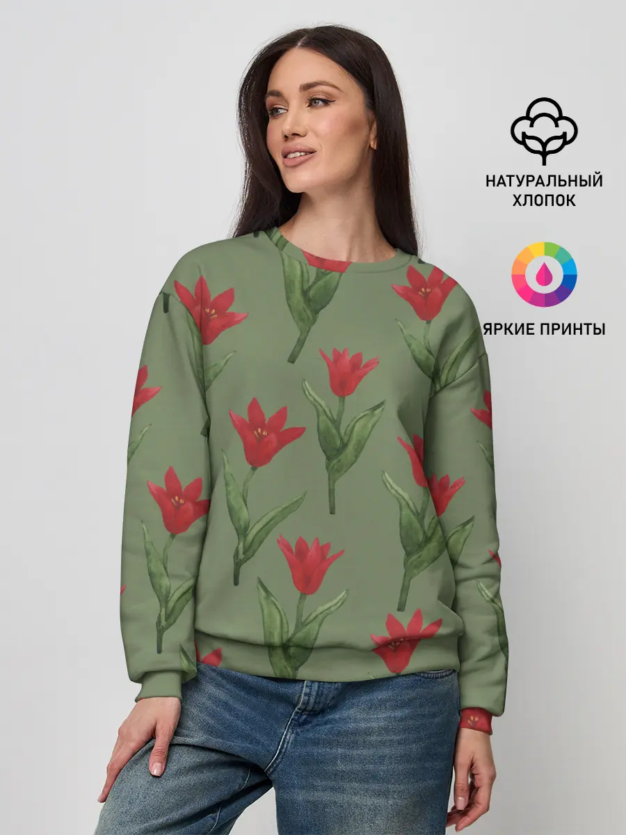 Женский свитшот / Красные тюльпаны на зеленом