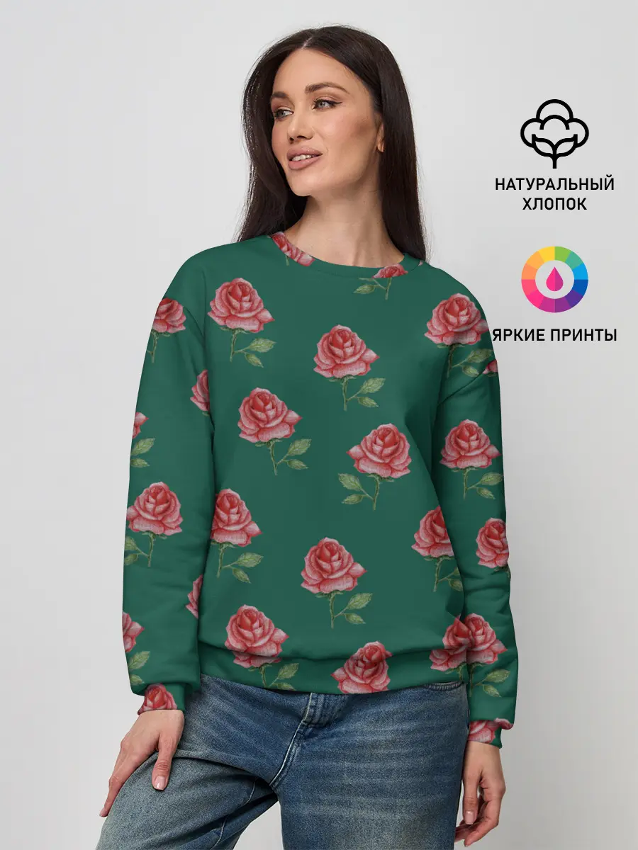 Женский свитшот / Розы на зеленом фоне