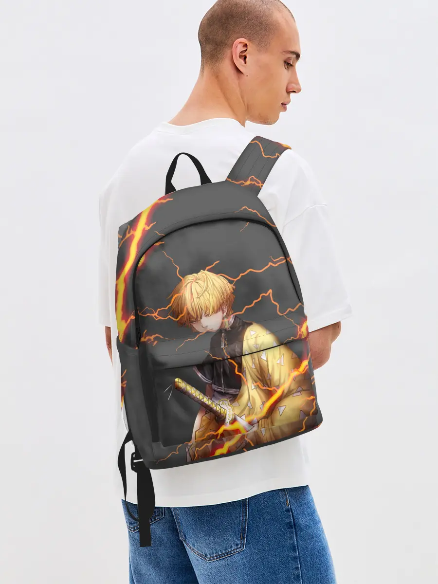 Рюкзак джинсовый / KIMETSU NO YAIBA оранжевые молнии