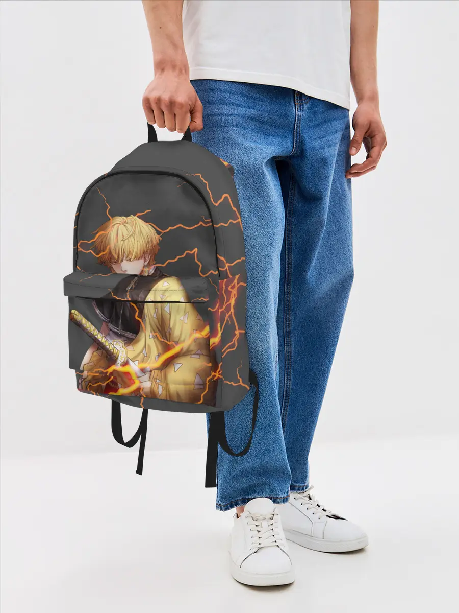 Рюкзак джинсовый / KIMETSU NO YAIBA оранжевые молнии