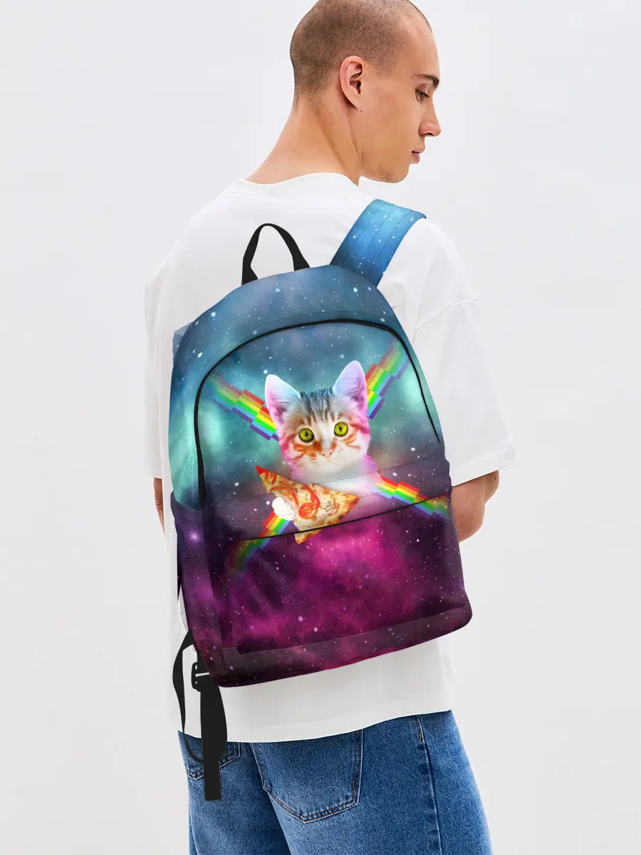 Рюкзак джинсовый / Кот с радугой и пиццей