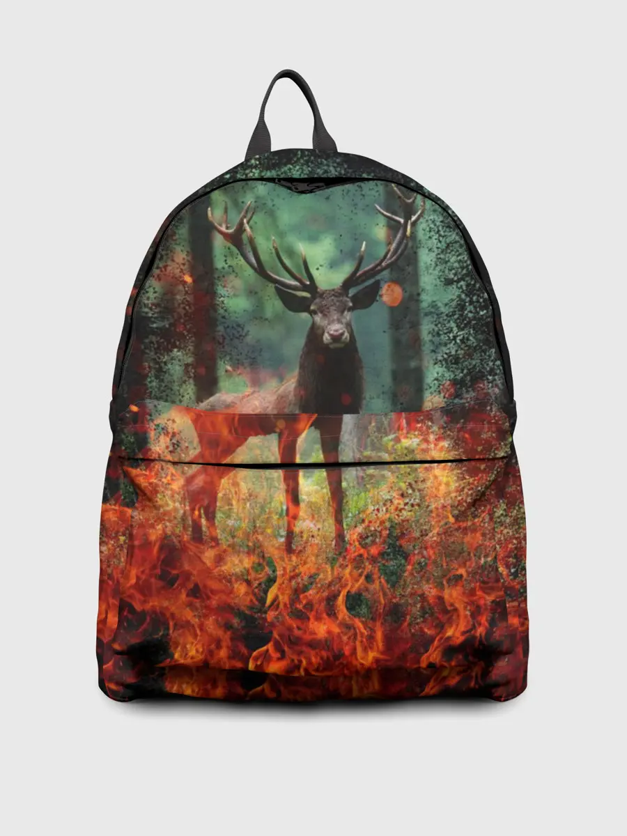 Рюкзак джинсовый / Олень в горящем лесу Сибири