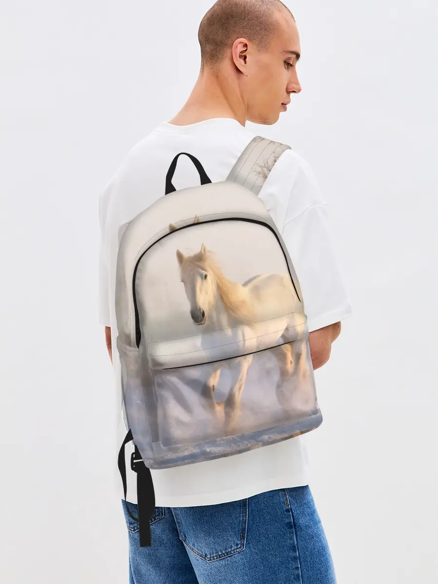 Рюкзак джинсовый / Белая лошадь на снегу