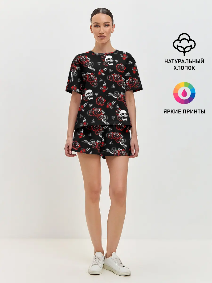 Женская пижама с шортами / Черепа и розы