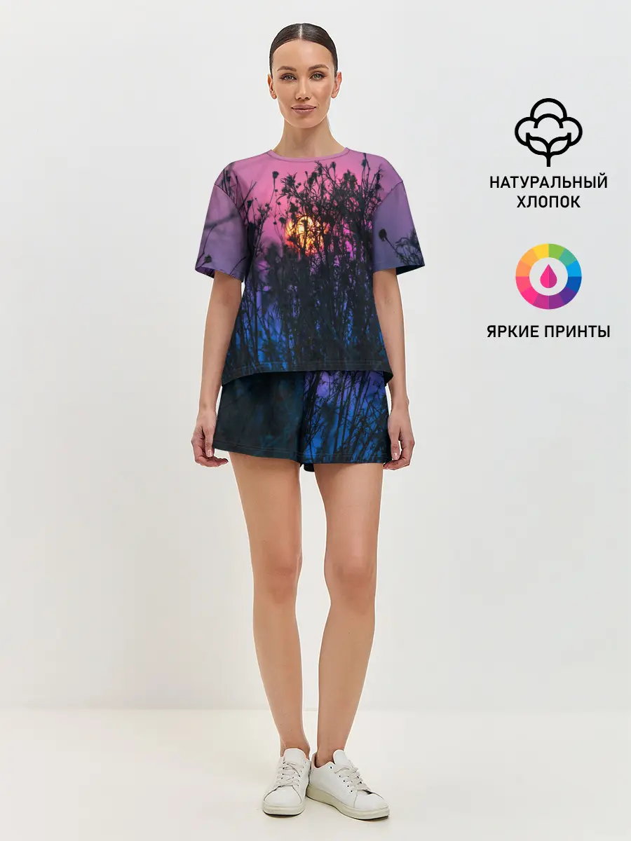 Женская пижама с шортами / Трава растения закатный свет
