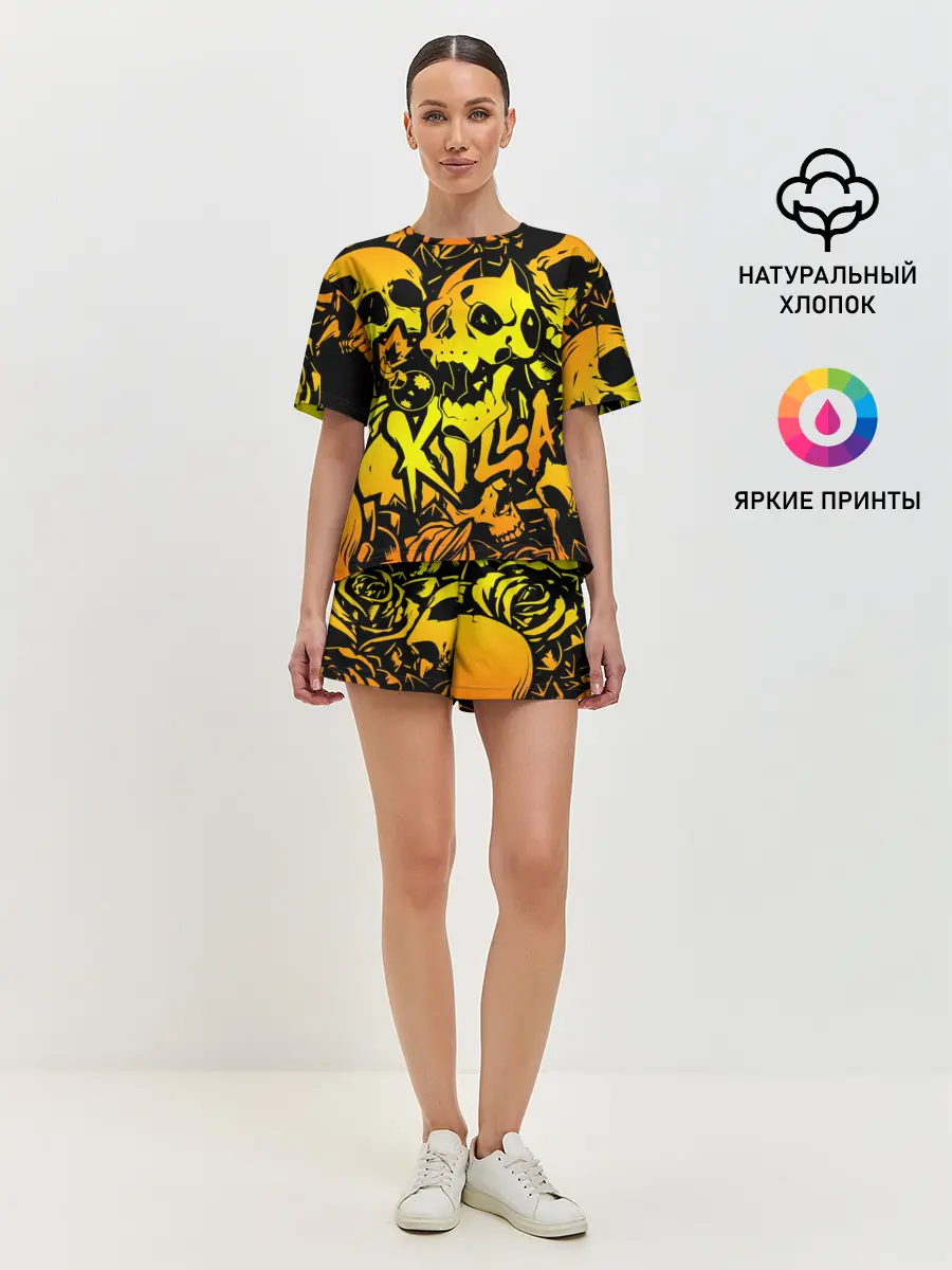 Женская пижама с шортами / KILLA оранжевые черепа