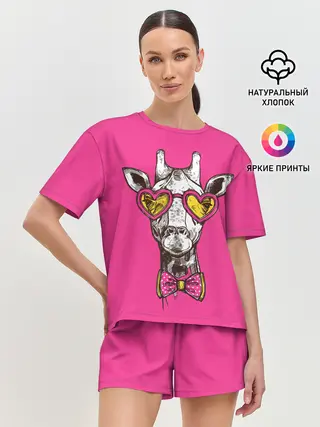 Женская пижама с шортами / жираф в очках