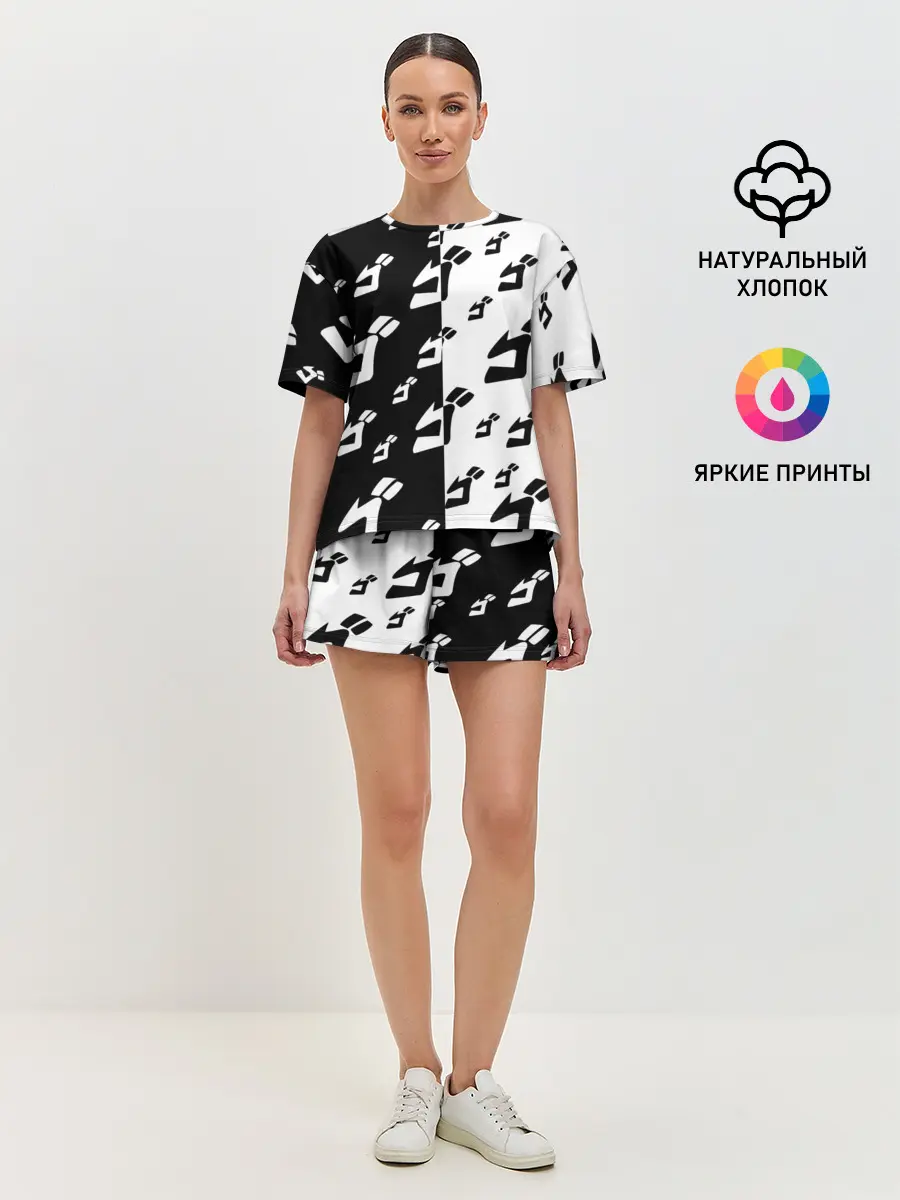 Женская пижама с шортами / Паттерн ДжоДжо черно-белый