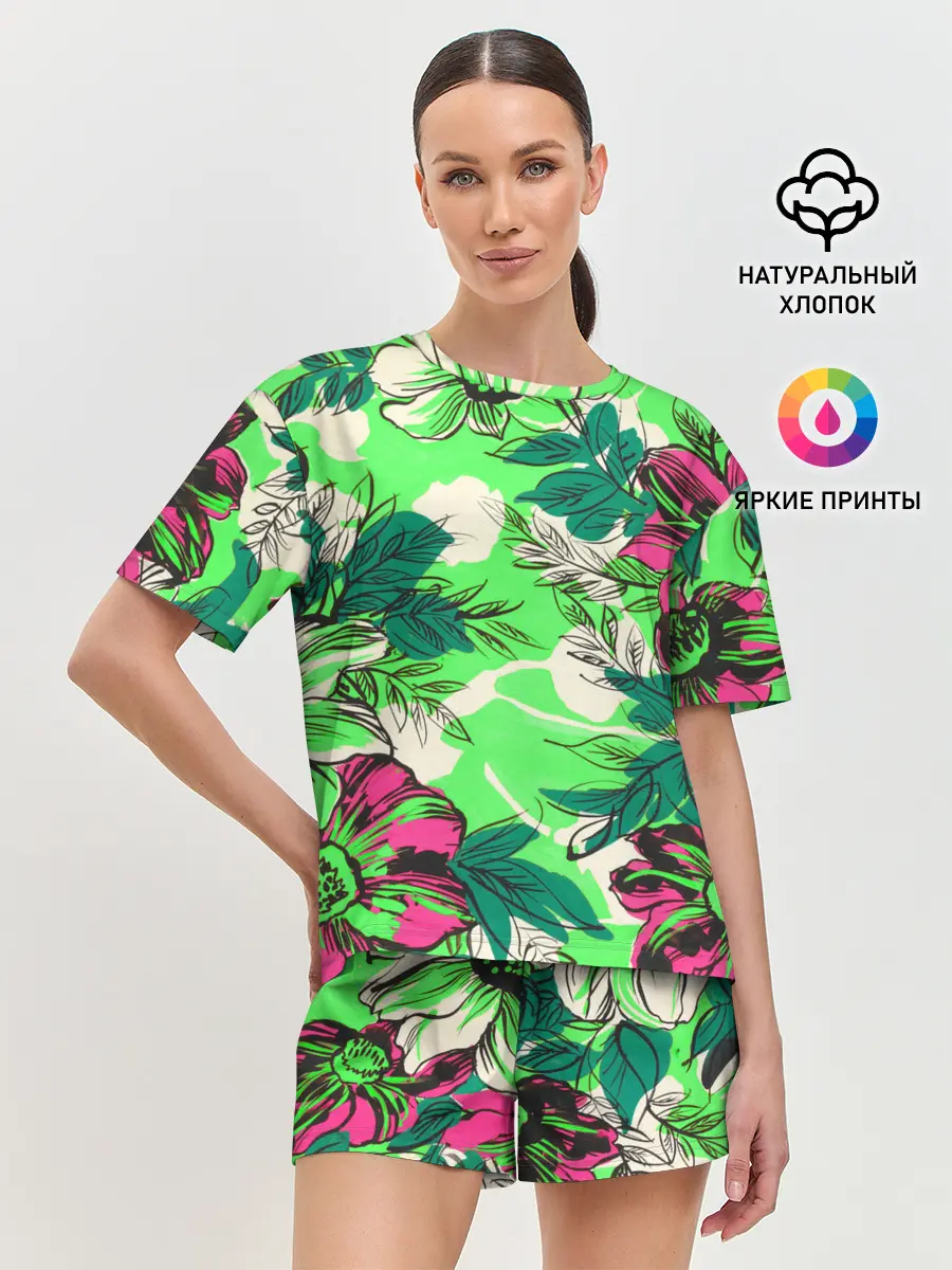 Женская пижама с шортами / Цветы в неоне