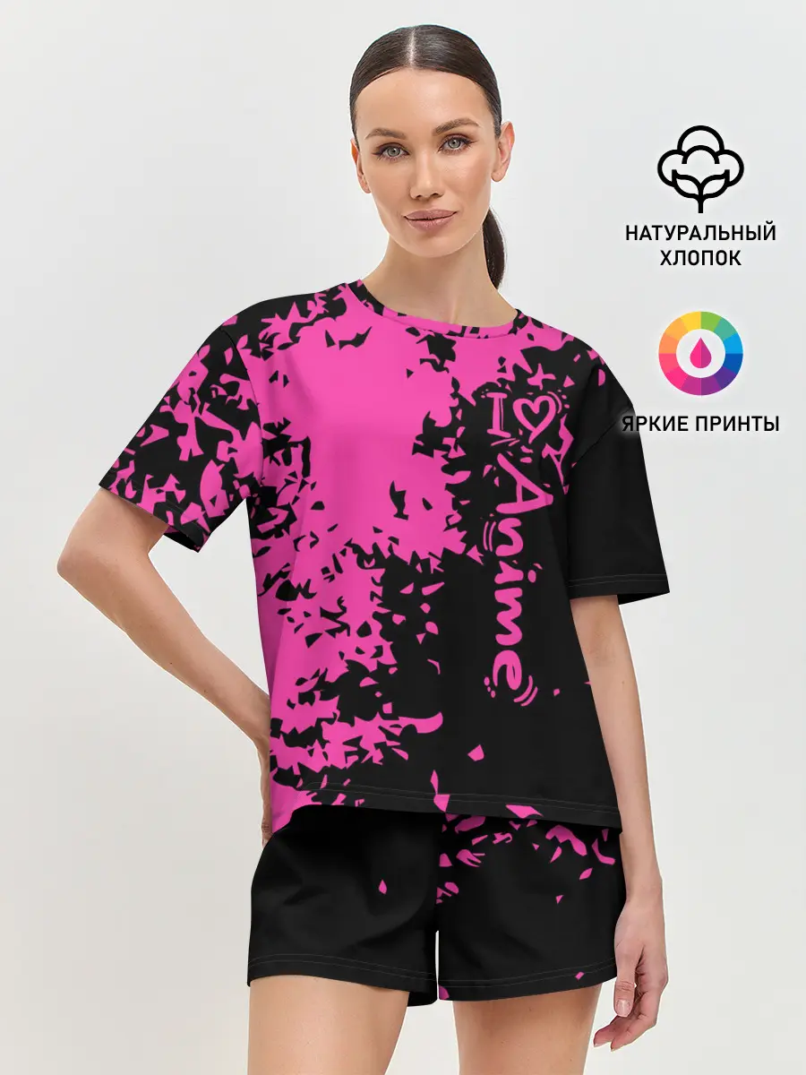 Женская пижама с шортами / Love anime розовые кляксы на черном