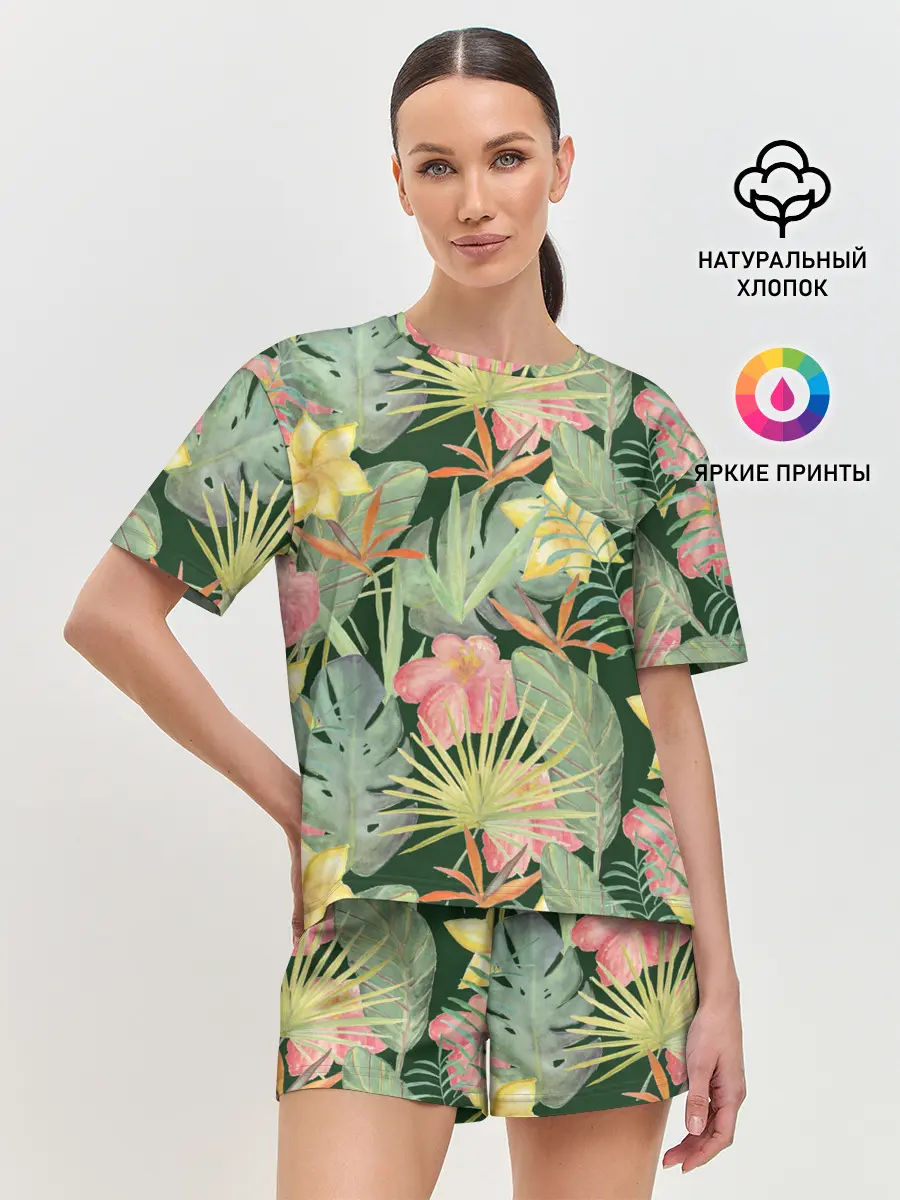 Женская пижама с шортами / Тропические растения и цветы