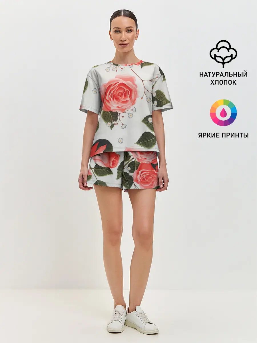 Женская пижама с шортами / Нежные розы