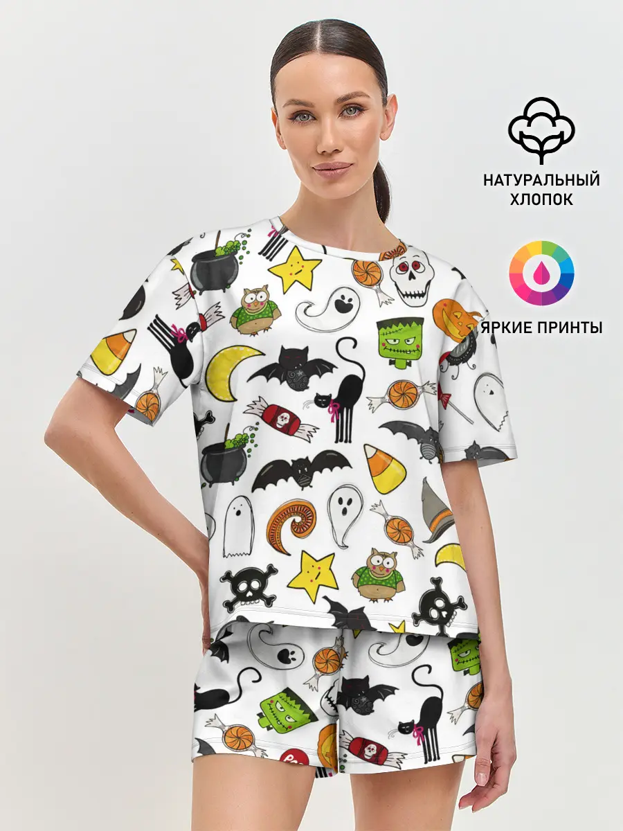 Женская пижама с шортами / Хэллоуин паттерн