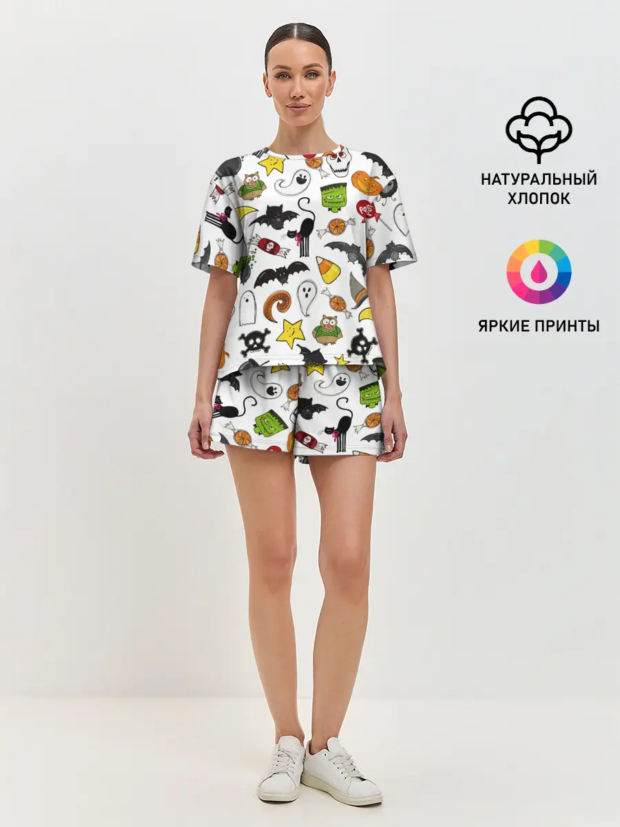Женская пижама с шортами / Хэллоуин паттерн