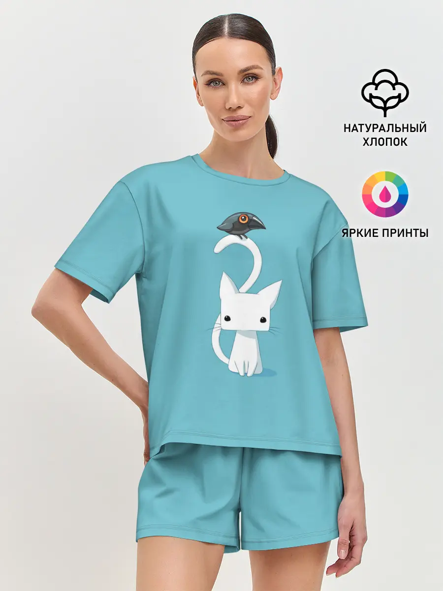 Женская пижама с шортами / Белый котик и воробушек