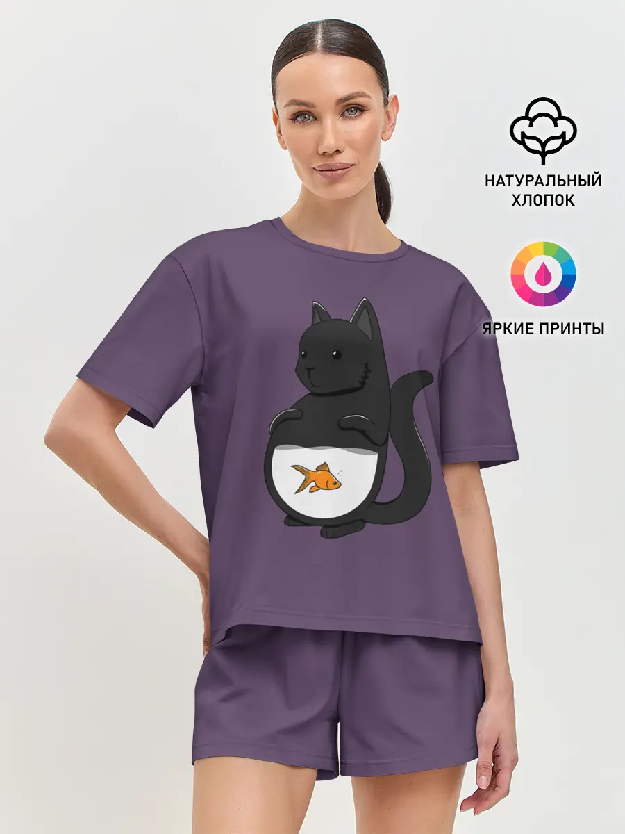 Женская пижама с шортами / Довольный кот