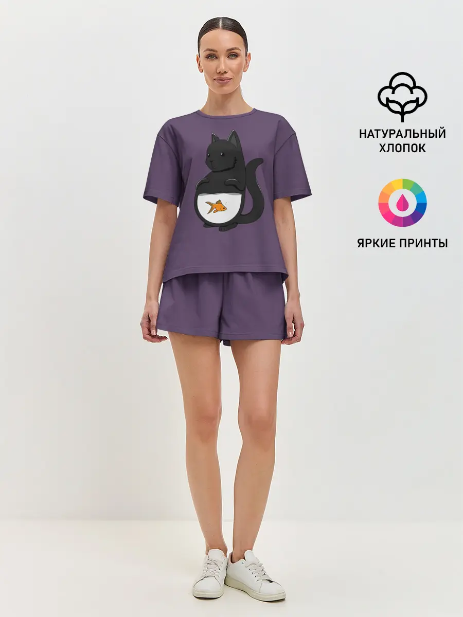 Женская пижама с шортами / Довольный кот