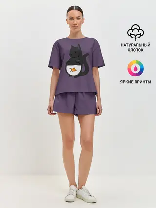 Женская пижама с шортами / Довольный кот