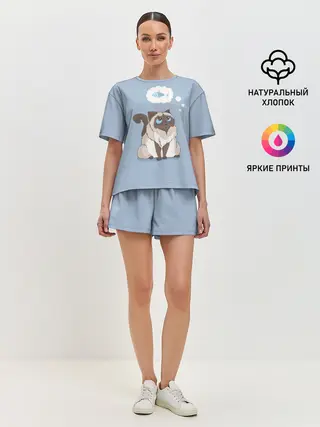 Женская пижама с шортами / Голодный котейка