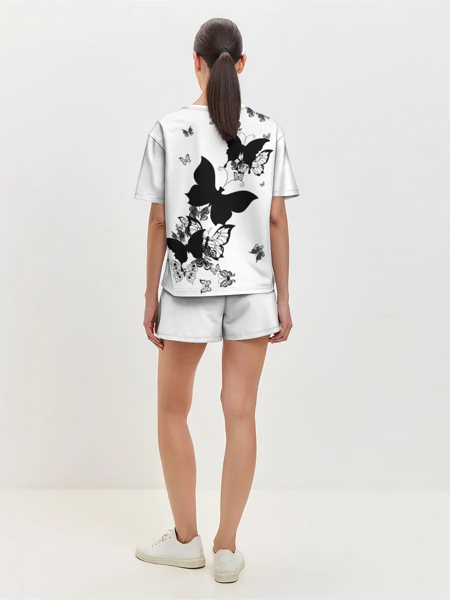 Женская пижама с шортами / Черные бабочки на белом