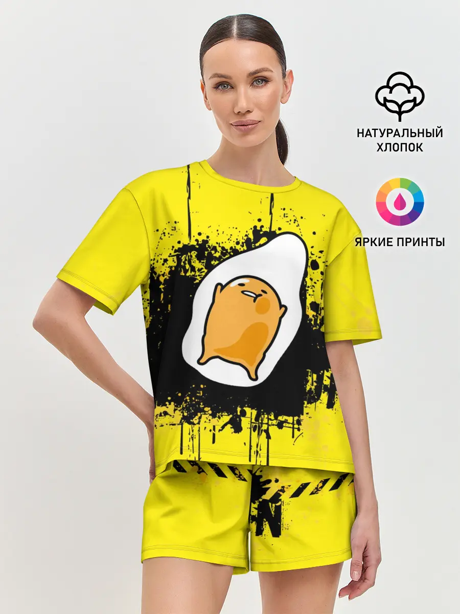 Женская пижама с шортами / веселое яйцо на черном фоне