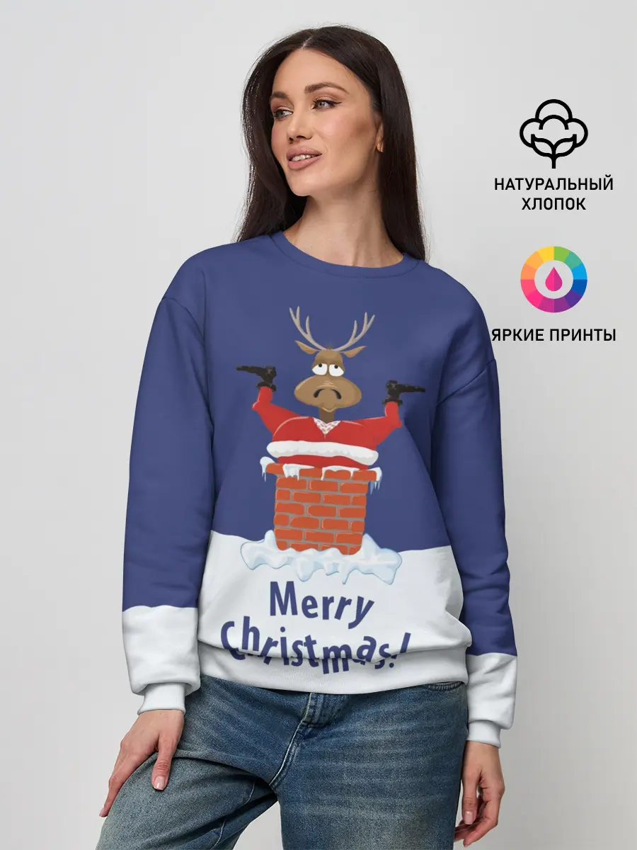 Женский свитшот / Санта в трубе с Оленем