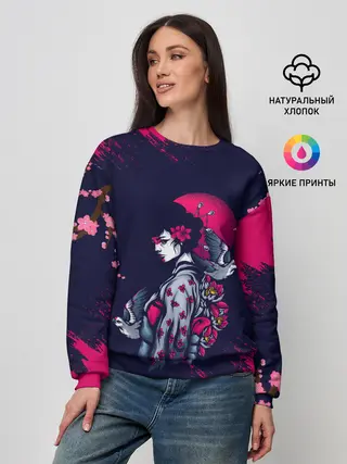 Женский свитшот / ДЕВУШКА В КИМОНО И ПТИЦАМИ