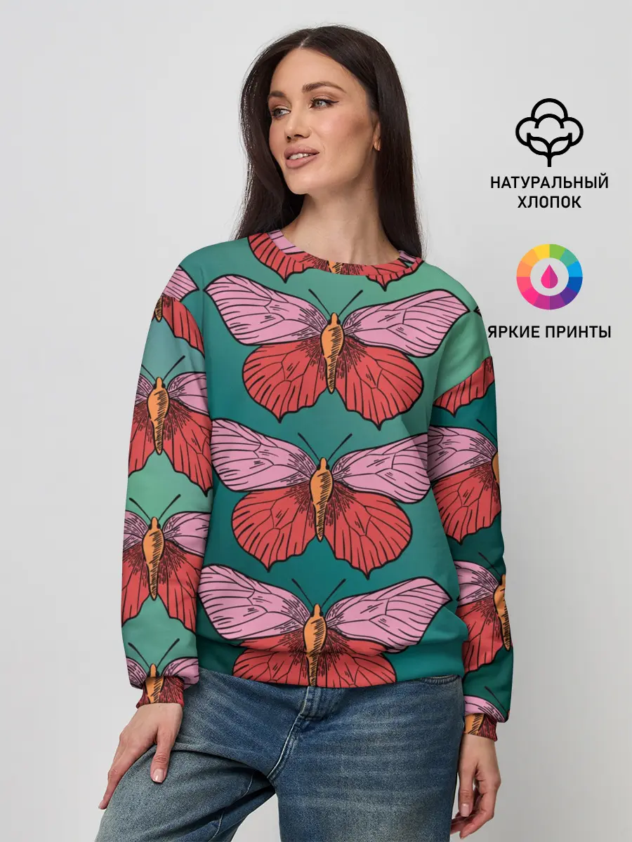 Женский свитшот / Зеленый принт с бабочками :)