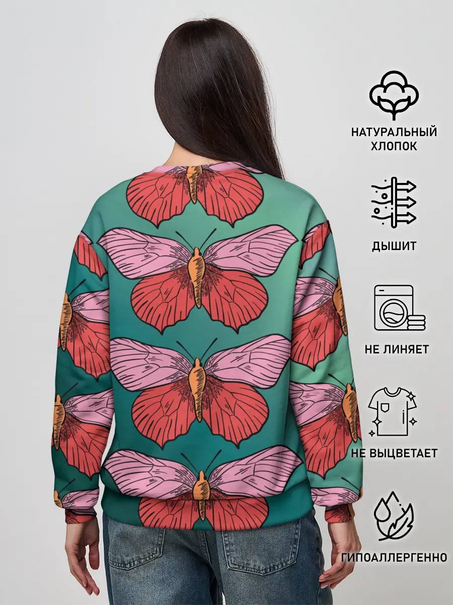 Женский свитшот / Зеленый принт с бабочками :)