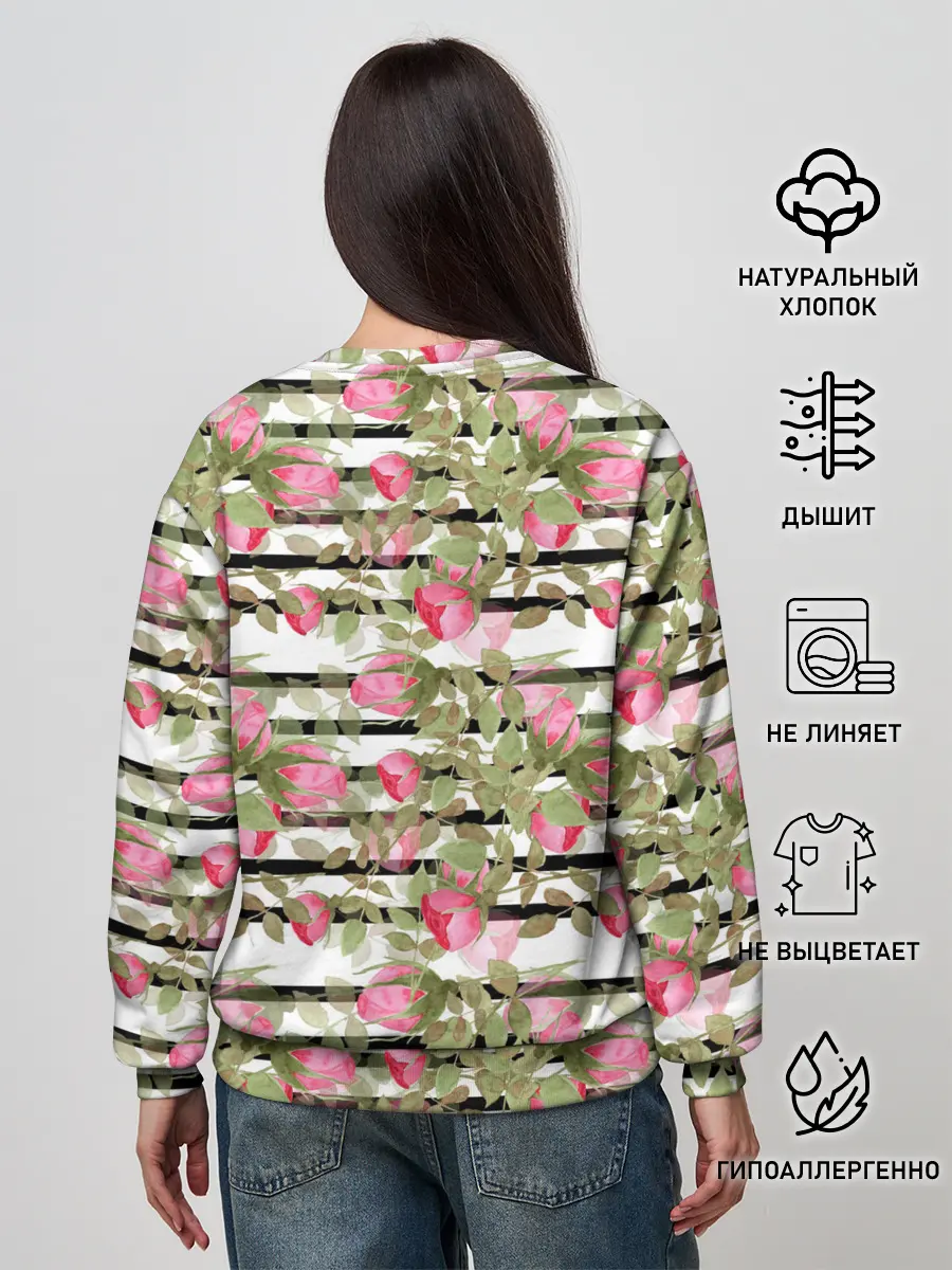 Женский свитшот / Акварельные розы на полосатом