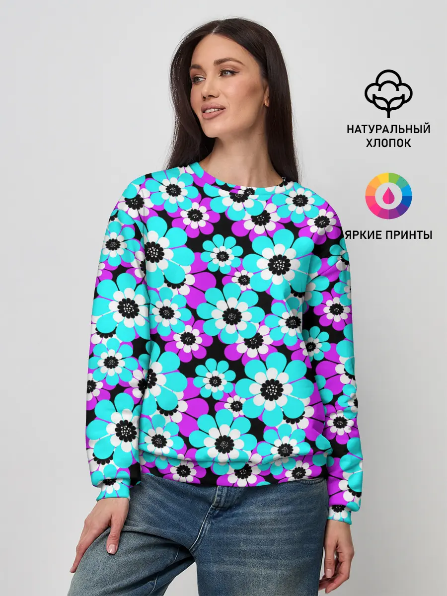 Женский свитшот / Яркие бирюзовые цветы