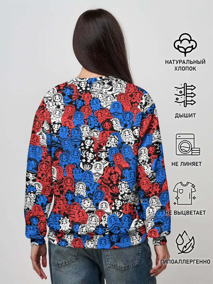 Женский свитшот / Бело-сине-красные матрёшки