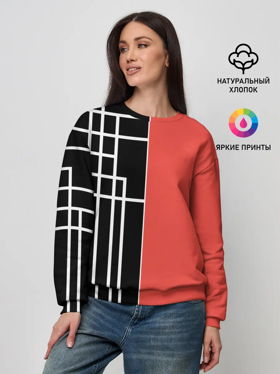 Женский свитшот / Черный и коралловый арт деко
