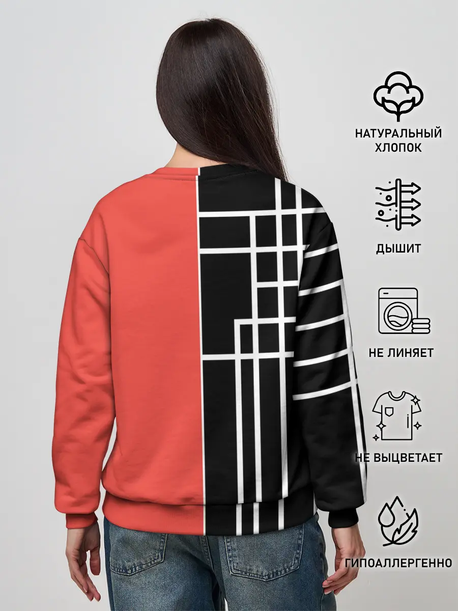 Женский свитшот / Черный и коралловый арт деко