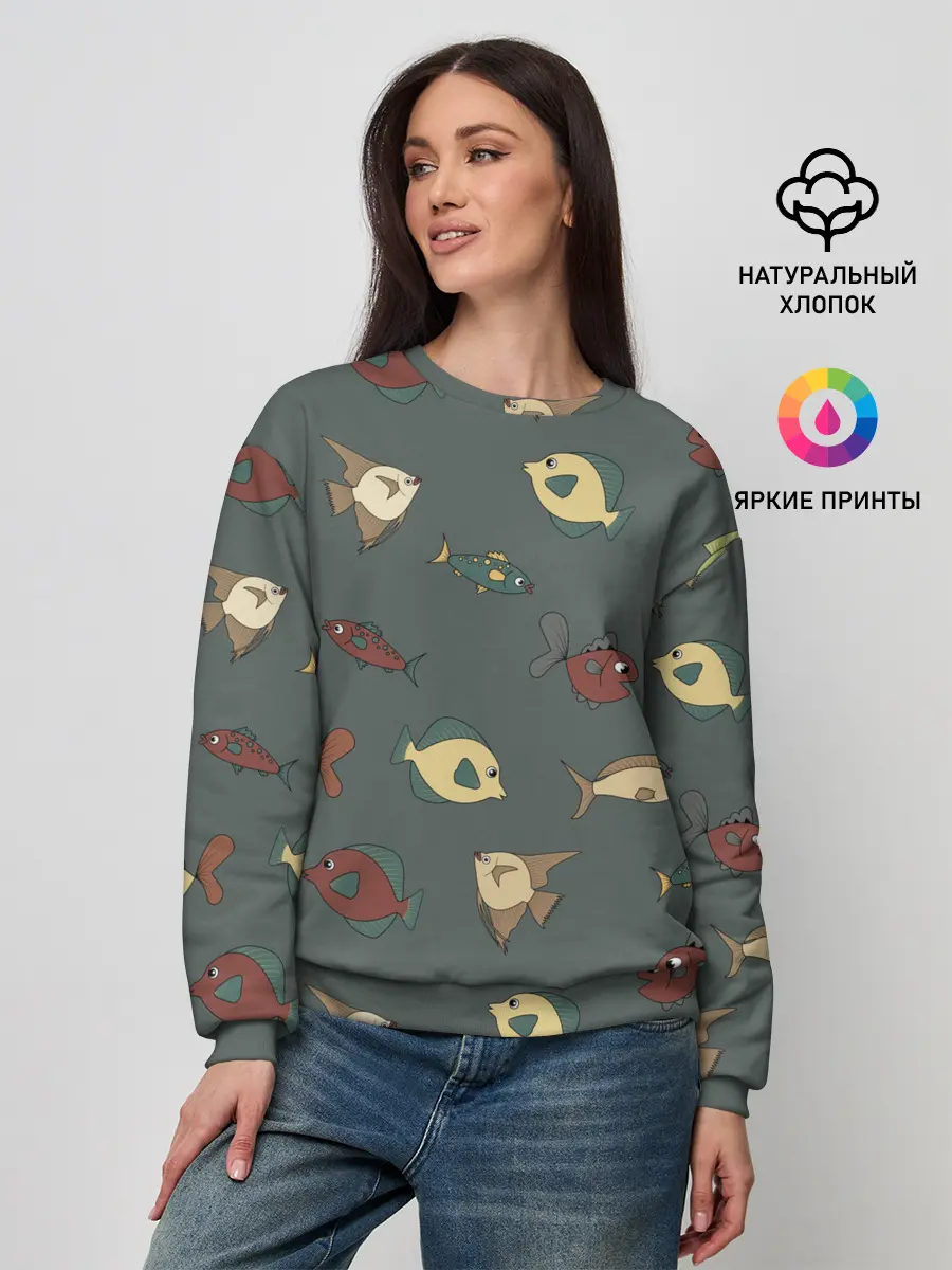 Женский свитшот / Морские рыбки на зеленом фоне