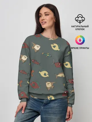 Женский свитшот / Морские рыбки на зеленом фоне