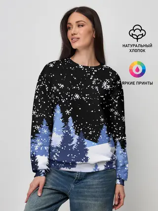 Женский свитшот / Снежная ночь в зимнем лесу