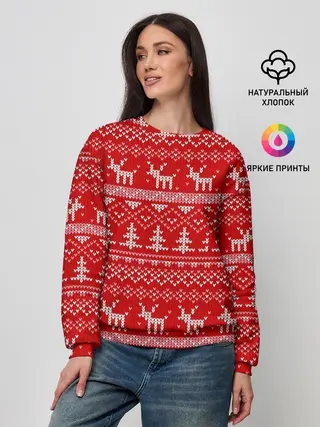 Женский свитшот / Новогодний узор с оленями и елкой