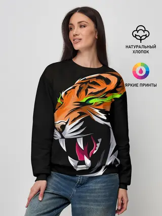 Женский свитшот / Тигр, с зелеными глазами
