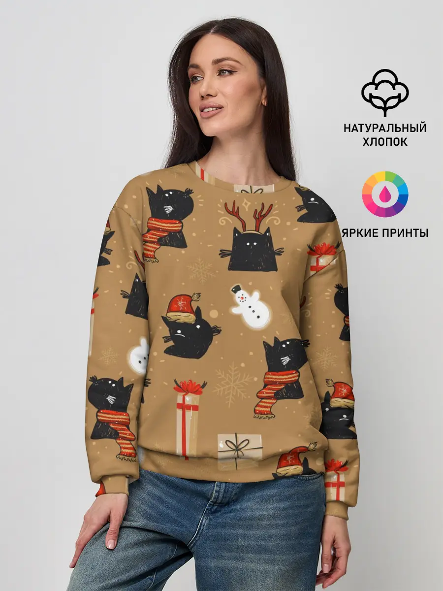 Женский свитшот / Черные новогодние коты