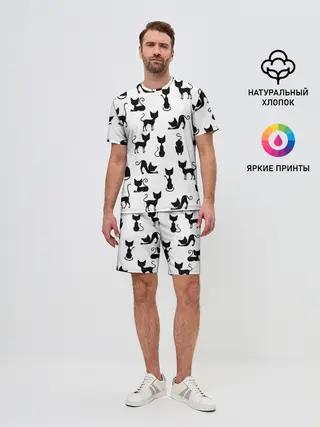 Мужской костюм с шортами / КОШКИ БЕЛОЕ НА ЧЕРНОМ