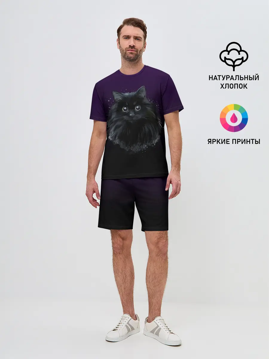 Мужской костюм с шортами / черный кот на фиолетовом фоне