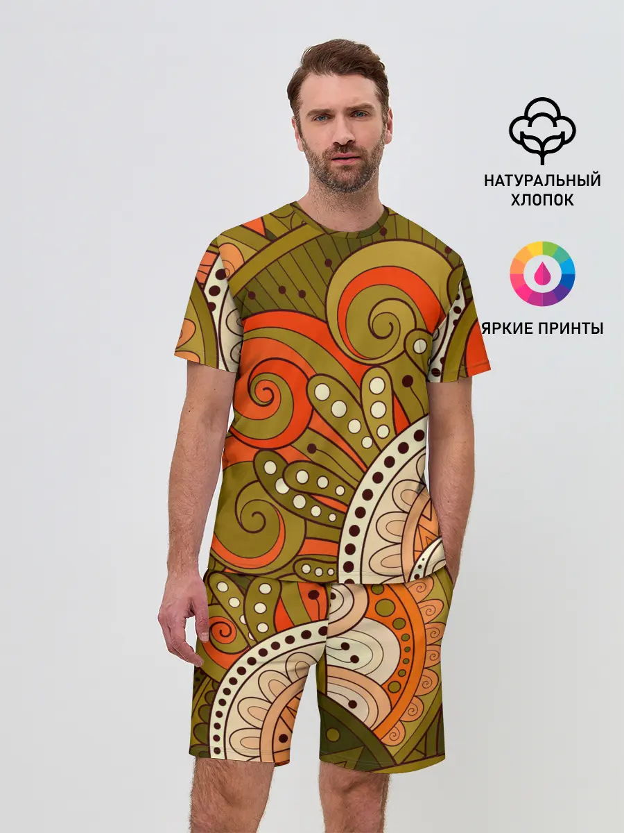 Мужской костюм с шортами / Детский оранжево-болотный