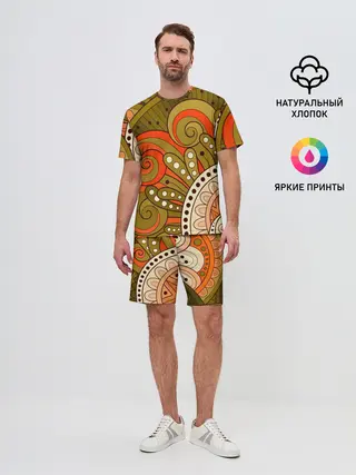 Мужской костюм с шортами / Детский оранжево-болотный