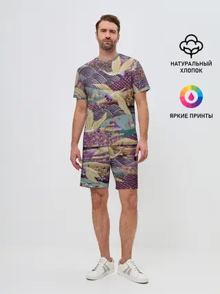 Мужской костюм с шортами / Японская вышивка с журавлями