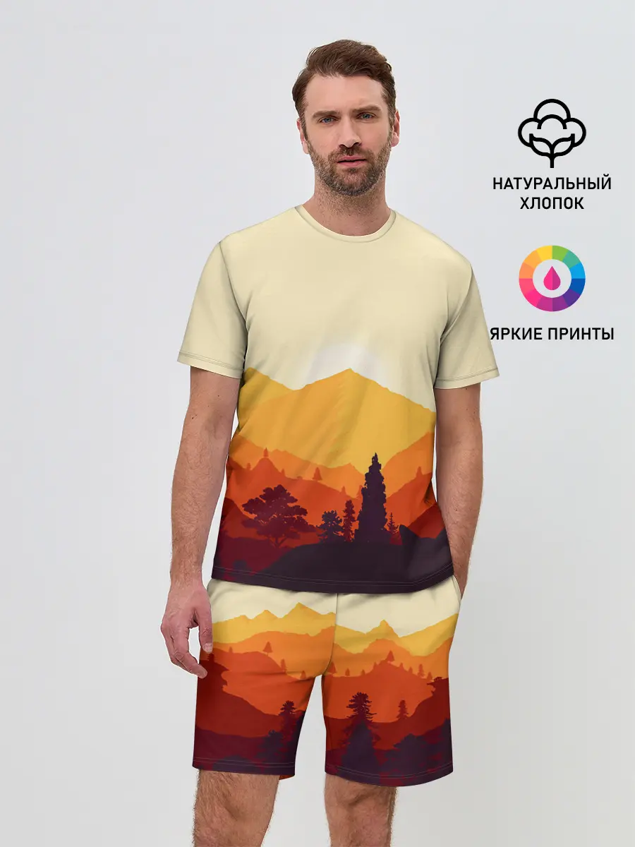 Мужской костюм с шортами / Горы закат пейзаж лиса арт