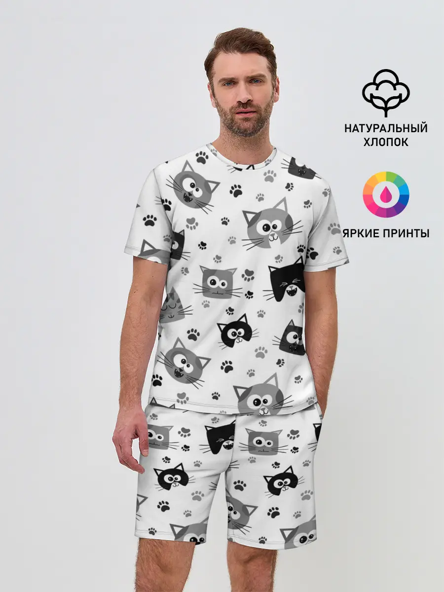 Мужской костюм с шортами / Котики | ЧБ