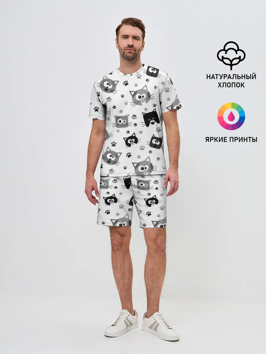 Мужской костюм с шортами / Котики | ЧБ