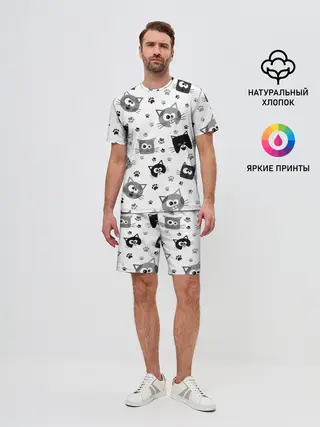 Мужской костюм с шортами / Котики | ЧБ