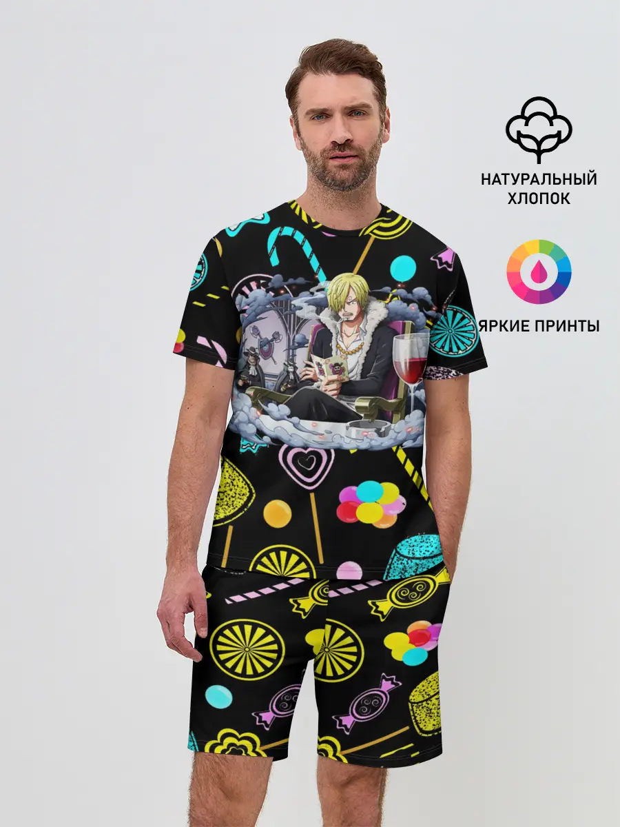 Мужской костюм с шортами / Винсмок Санджи. Фон со сладостями